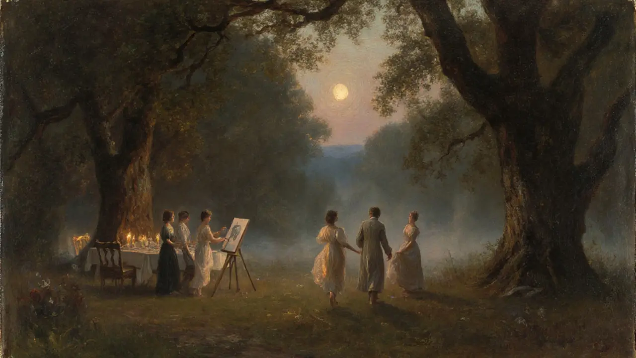 Couples walking through a moonlit forest near Fontainebleau, one painting as mist rises around them at dusk.