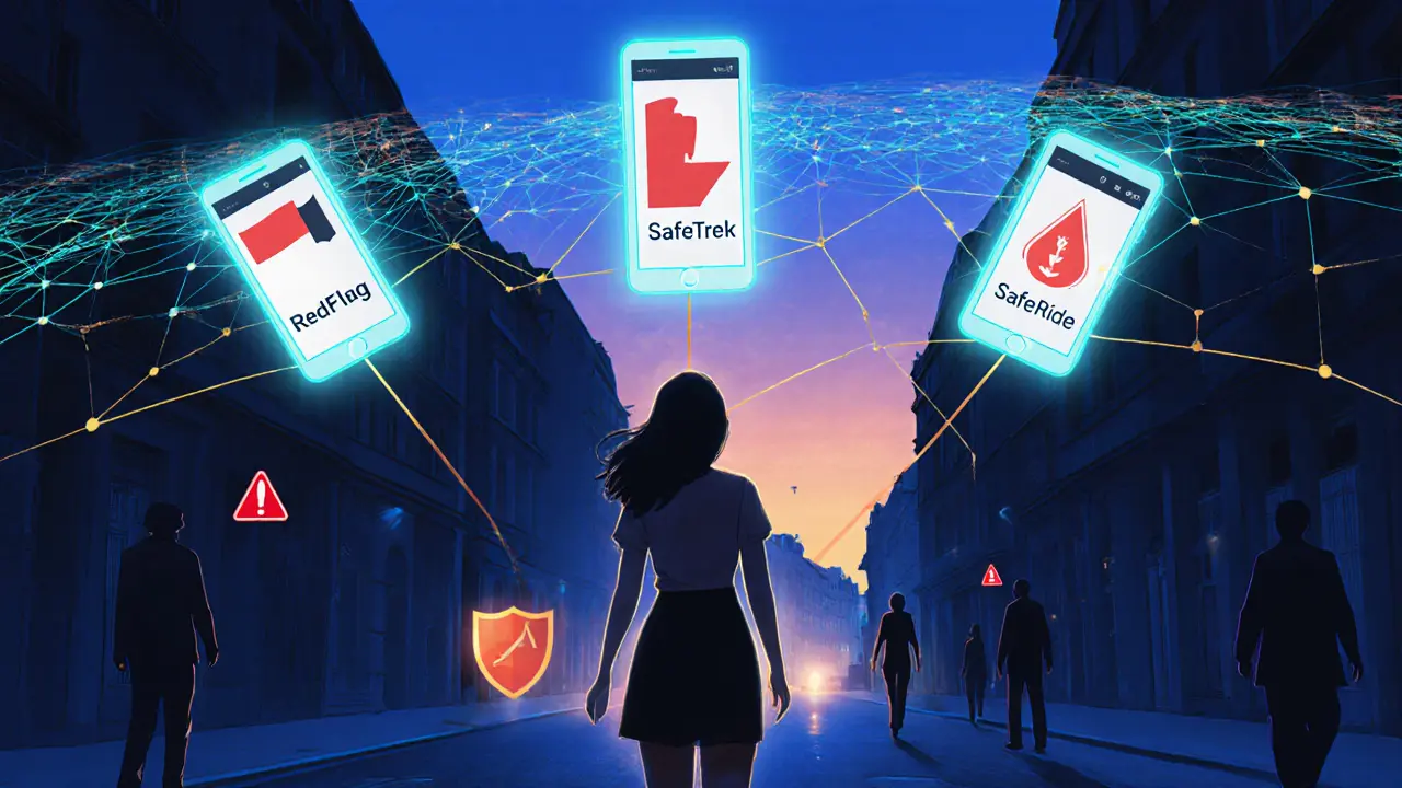 Digital safety apps floating over Paris map, woman protected by glowing shield, warning symbols fading.