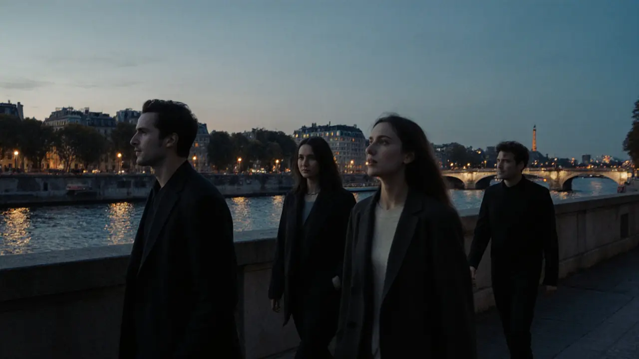 Diverse individuals walk along the Seine at dusk, each accompanied by a companion in quiet, respectful company.