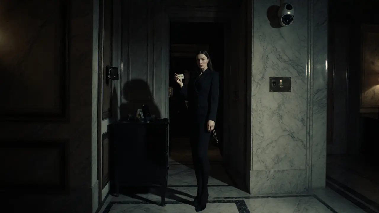 Escort at hotel entrance at night, phone on nightstand, security camera overhead, moody lighting.