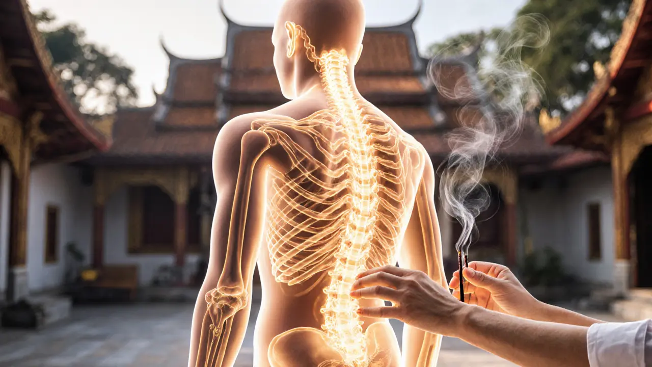 Golden energy lines flowing across a human body with therapist’s hands at key pressure points.