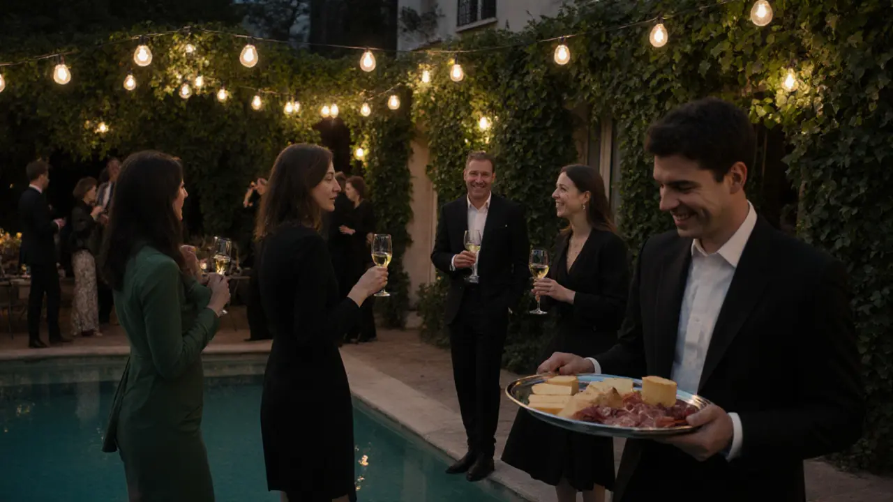 Guests mingling softly in a hidden garden house with a heated pool, string lights, and elegant evening attire.