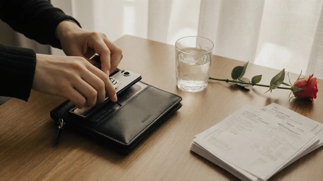 Hands organizing a burner phone and alarm beside receipts and a rose on a wooden table.