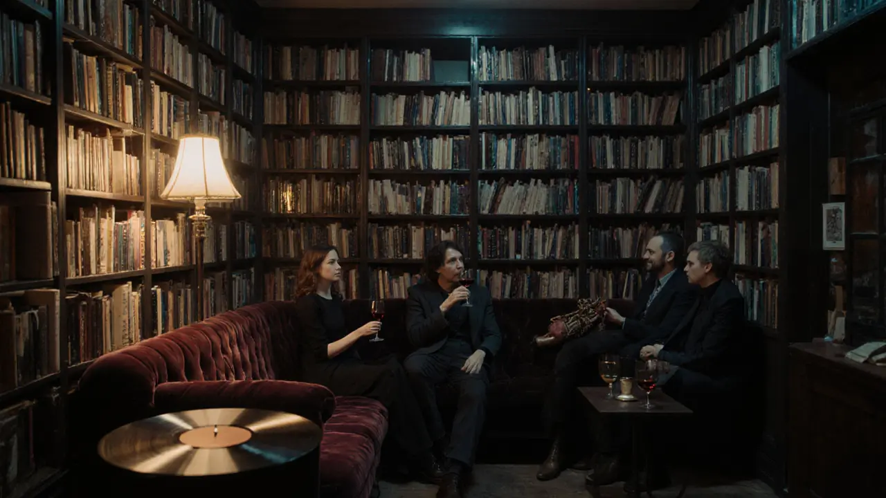 Intimate evening in a converted bookshop lounge, couples sipping wine under soft lamplight with vintage jazz playing.