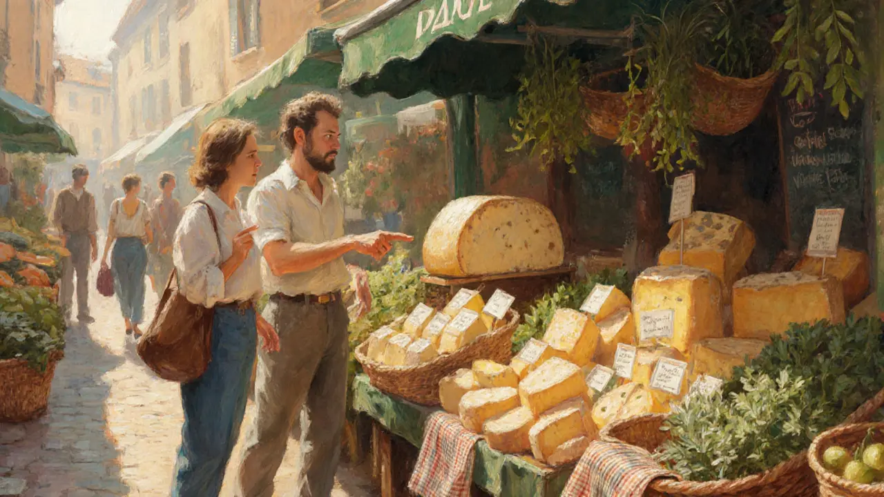 Locals browsing fresh cheese and herbs at a vibrant Parisian market on a Saturday morning.