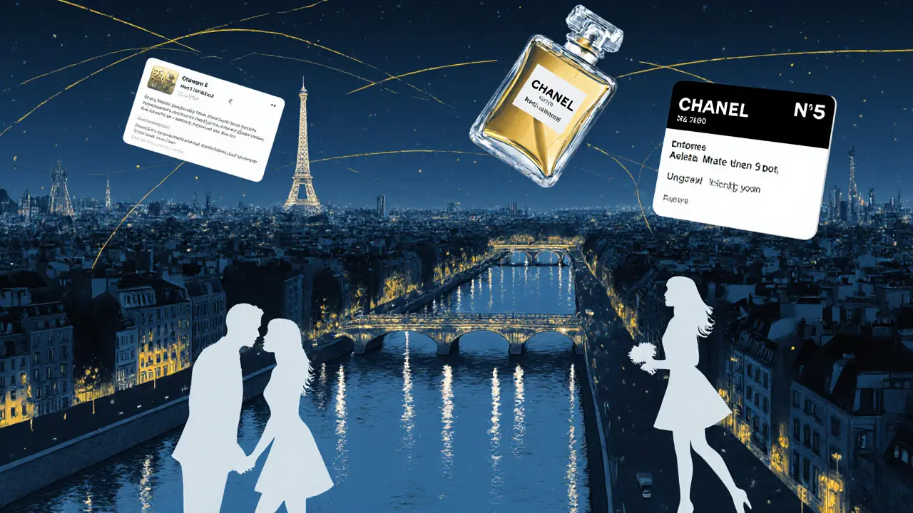 Paris at night reflects hidden affairs as ghostly silhouettes, keycards, and perfume bottles float above the Seine.
