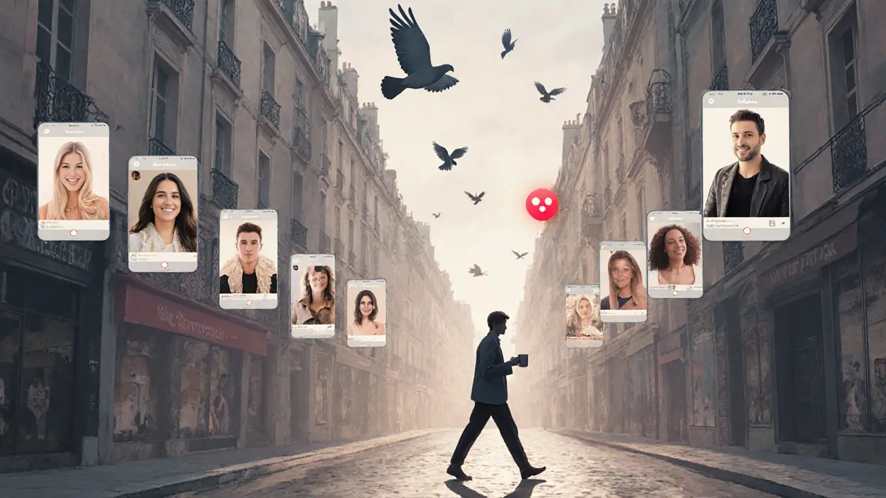 Parisian buildings constructed from dating app profiles under soft morning light.