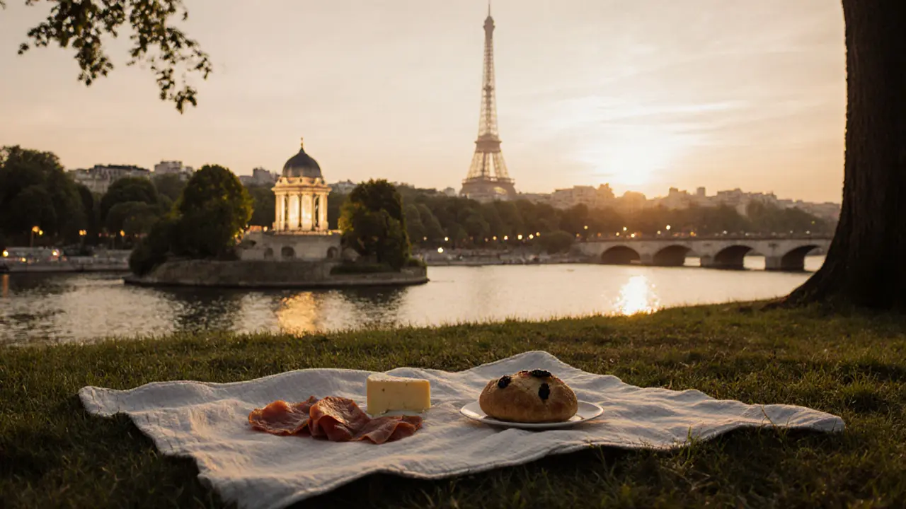 Picnic at Buttes-Chaumont with cheese and bread, Eiffel Tower visible in distance at golden hour.