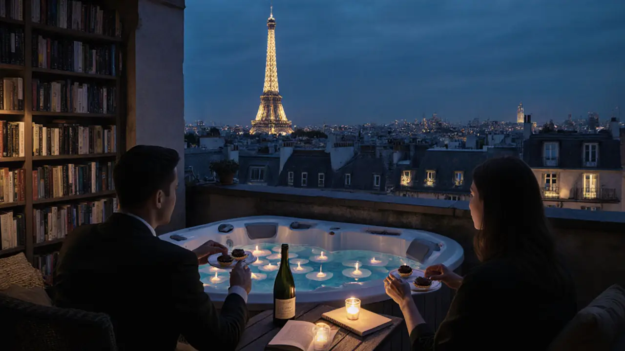 Silhouettes of couples on a Paris rooftop terrace at dusk, jacuzzi and chocolate desserts, city lights in background.