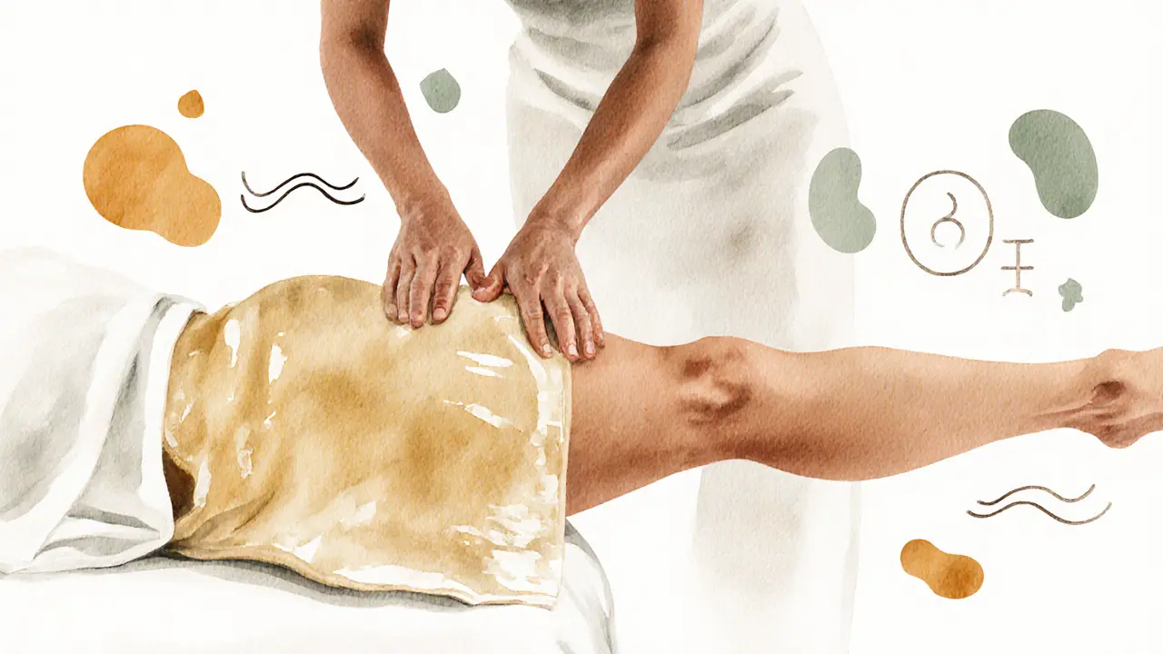 Soft watercolor depiction of body-to-body massage with glowing oil and calming neural patterns.