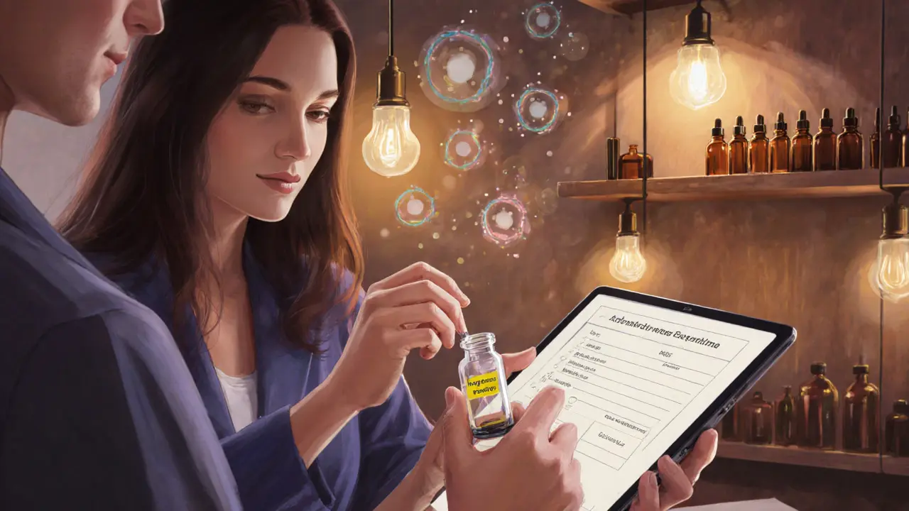 Therapist blending custom essential oils for a personalized aromatherapy massage in Paris 13.