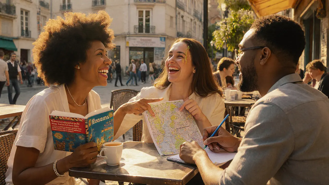 Three people enjoy coffee and conversation in a sunny Paris café, exploring the city together with maps and notebooks.