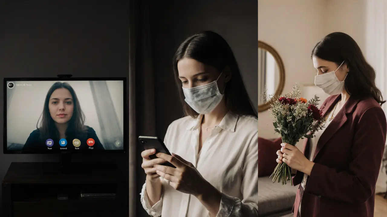 Three women in separate Paris rooms, each engaged in discreet digital companionship work.