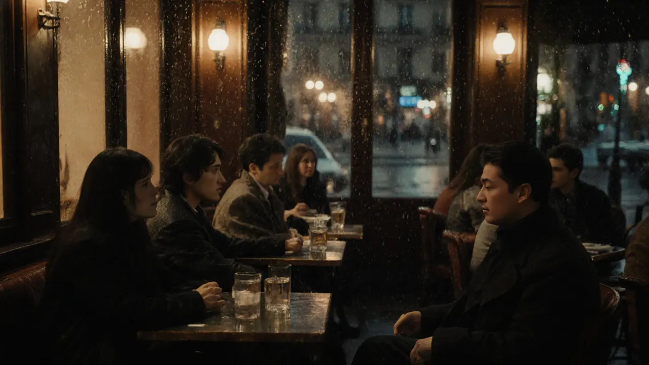 Travelers from around the world sharing quiet moments with escorts in cozy Paris cafés at night.