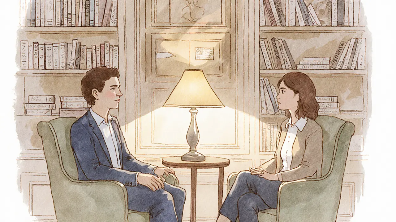 Two couples in a bookstore lounge, engaged in quiet conversation during a swinger event, warm lamp light, bookshelves around them.