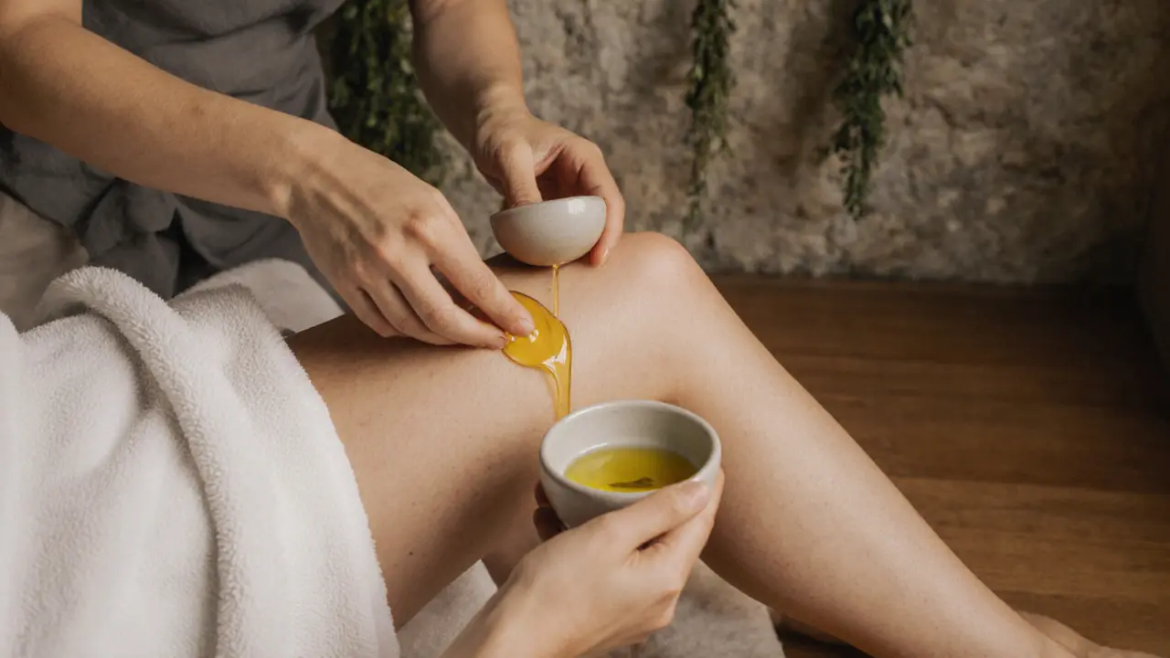 Two hands applying warm oil along the inner thigh of a draped person, emphasizing slow, reverent somatic care in a serene environment.
