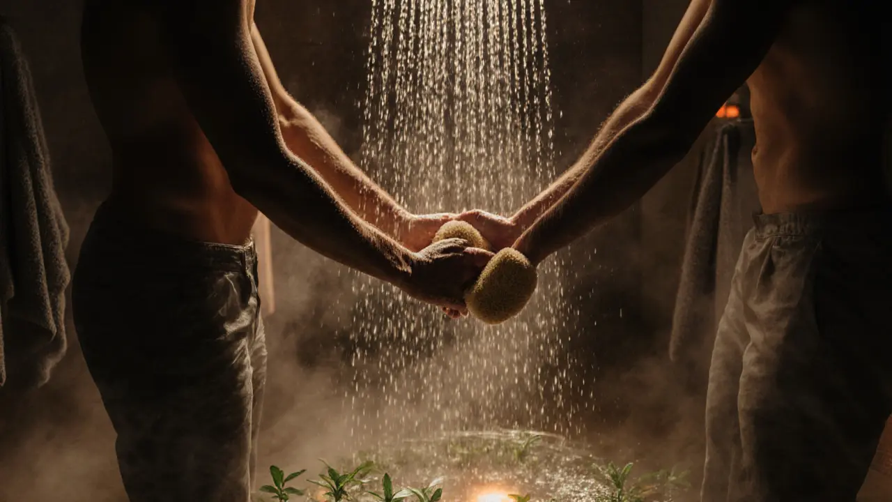 Two partners sharing a private steam shower, water flowing over them as one gently washes the other’s back with a loofah.