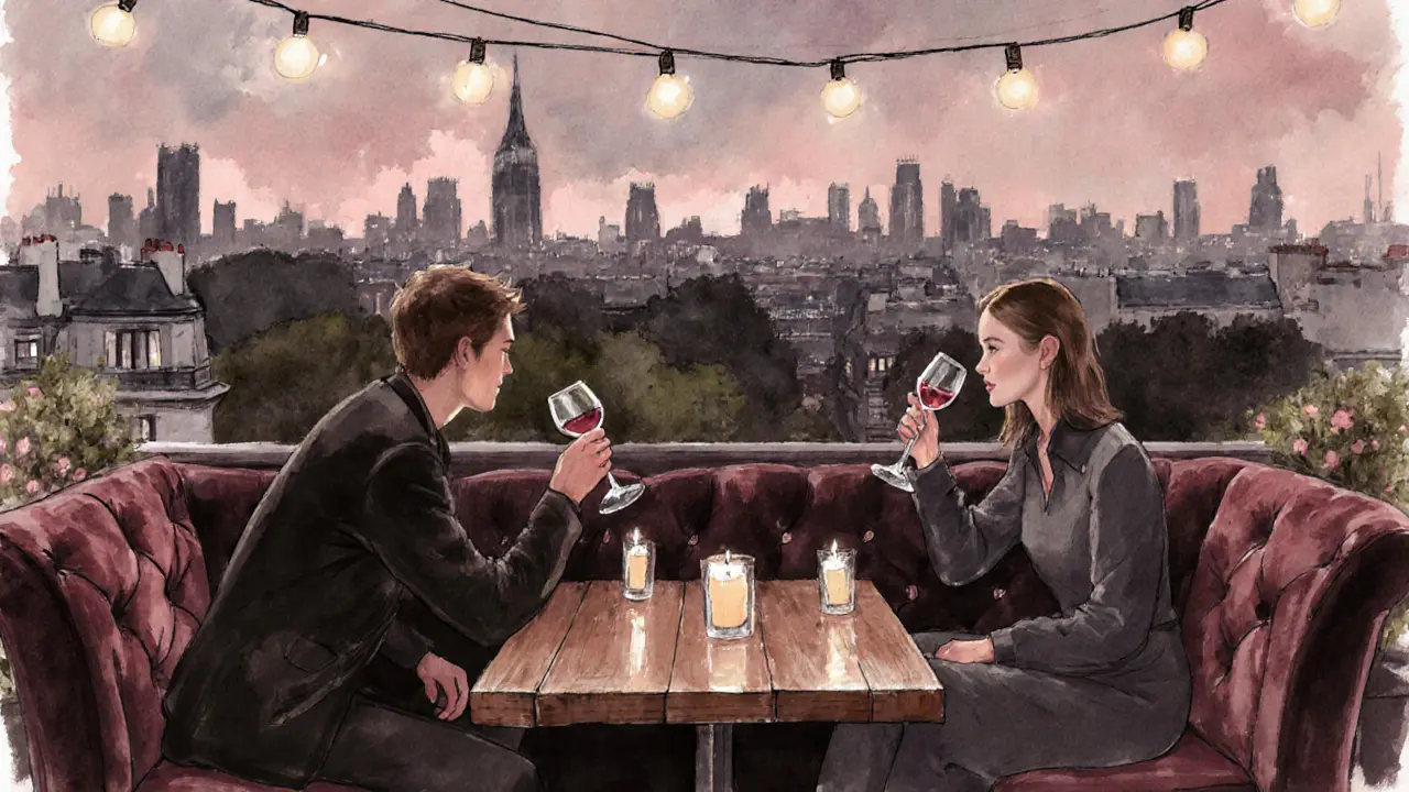 Two people on a velvet couch at Le Perchoir rooftop bar, sharing a quiet moment under string lights with Paris skyline behind.