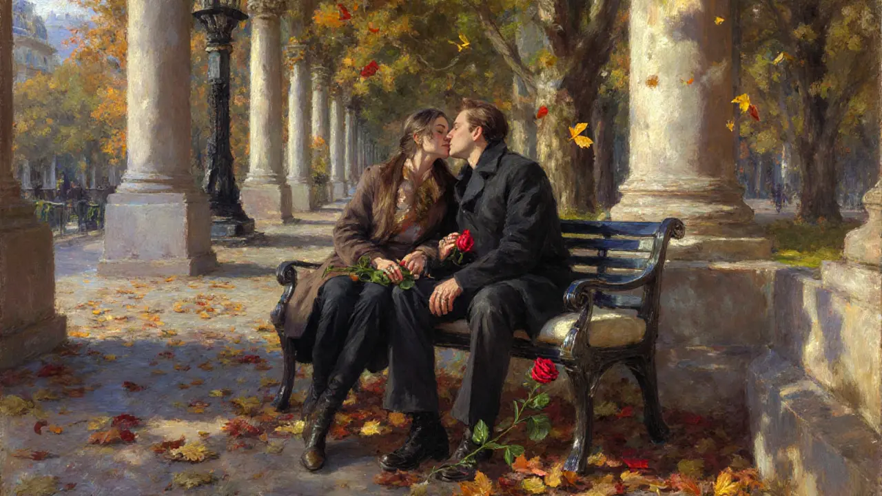 Two people share a secret kiss on a garden bench in Paris, roses and colonnades framing their quiet intimacy.