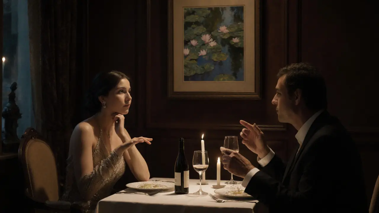 Two people share an intimate dinner in Saint-Germain, discussing art over wine.