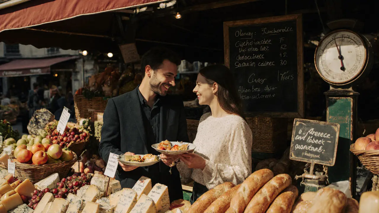 Two people sharing a taste of cheese and bread at Marché d’Aligre on a sunny afternoon.