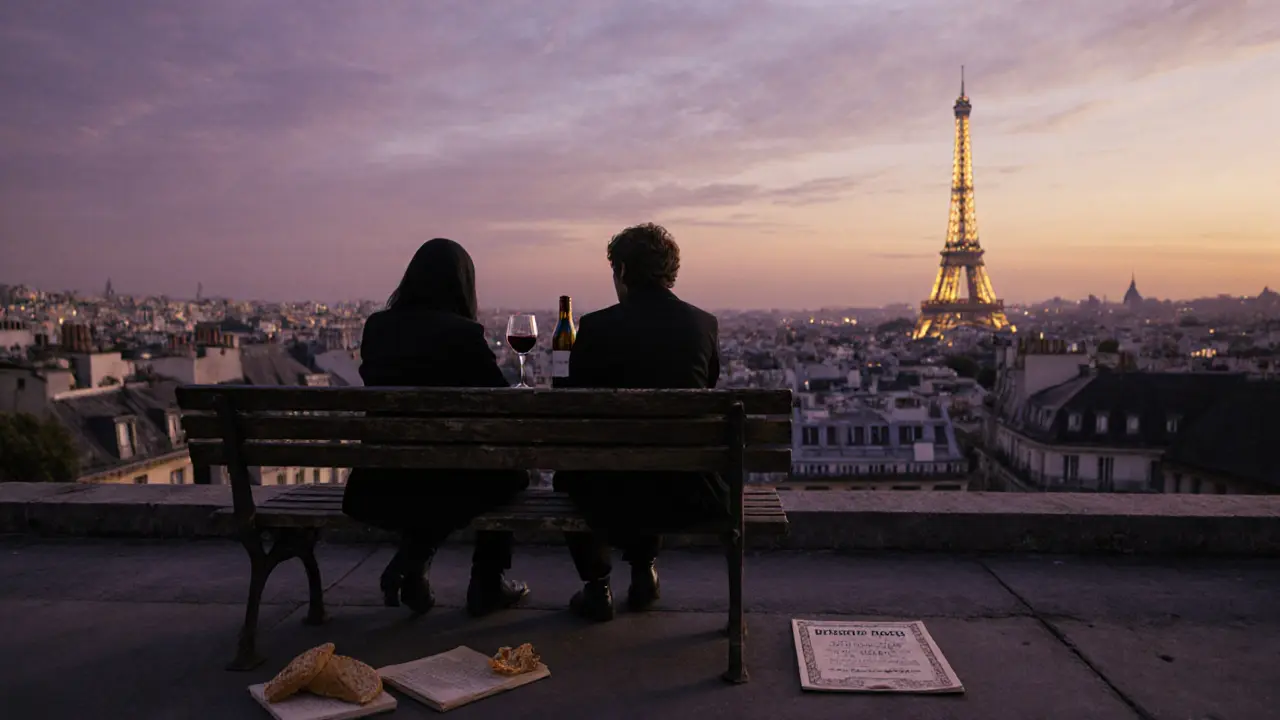 Two people sharing wine on a quiet rooftop at sunset, city lights beginning to glow.