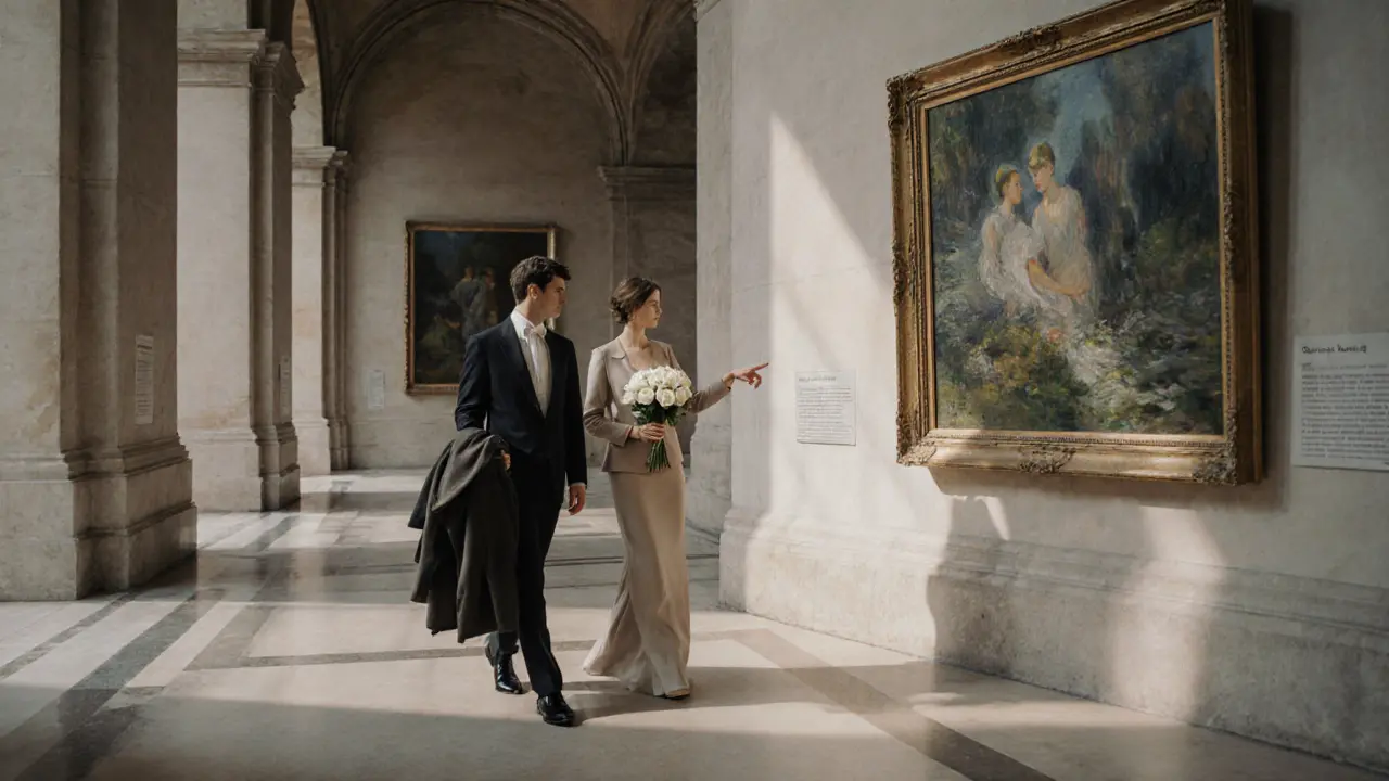 Two people walking quietly through the Musée d&#039;Orsay at closing time, one holding roses, sharing a moment beside a painting.