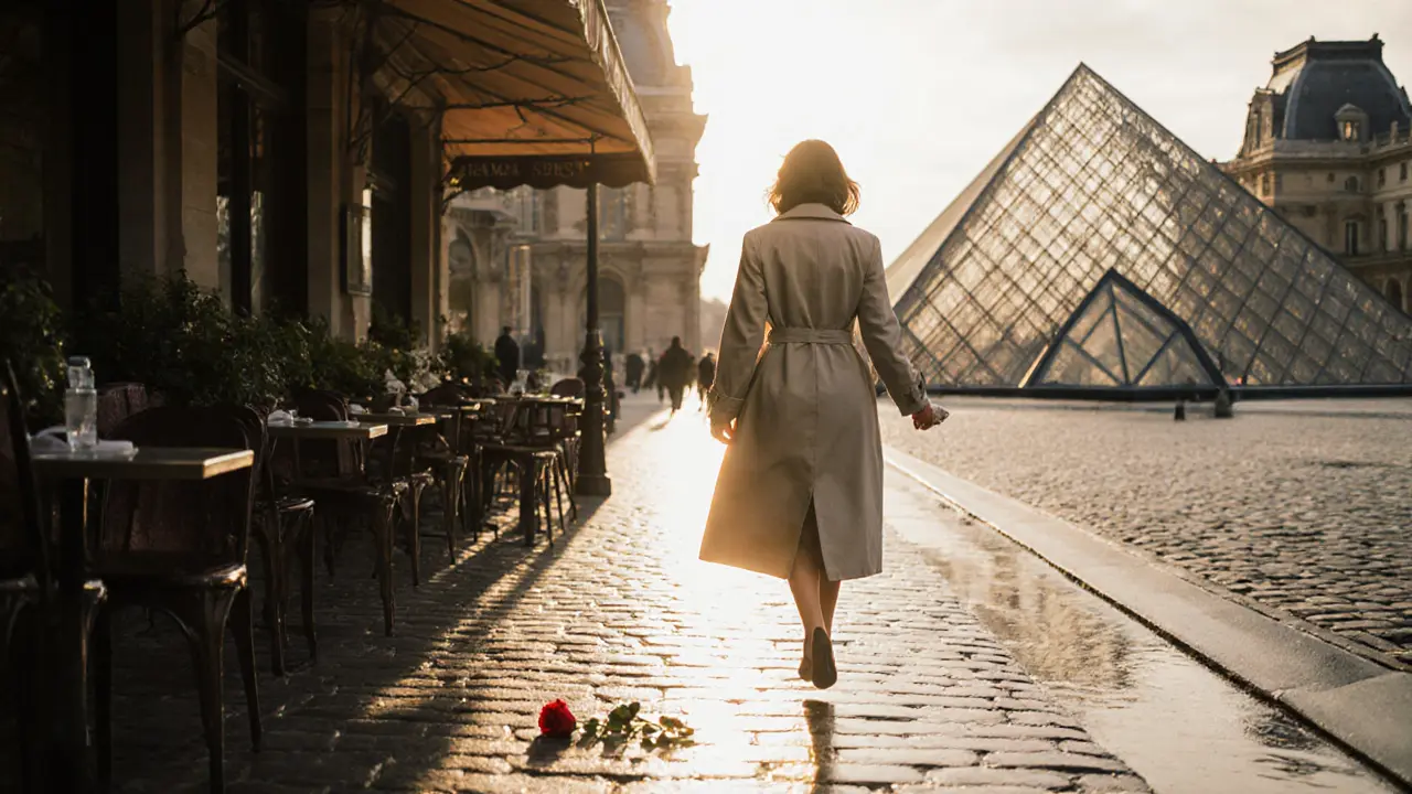 Woman in trench coat walking away from Louvre, rose on cobblestones behind her.