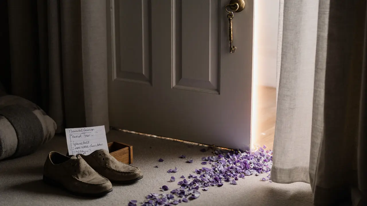 Worn shoes and handwritten notes beside a wooden box, with lavender petals leading to a closed massage door.