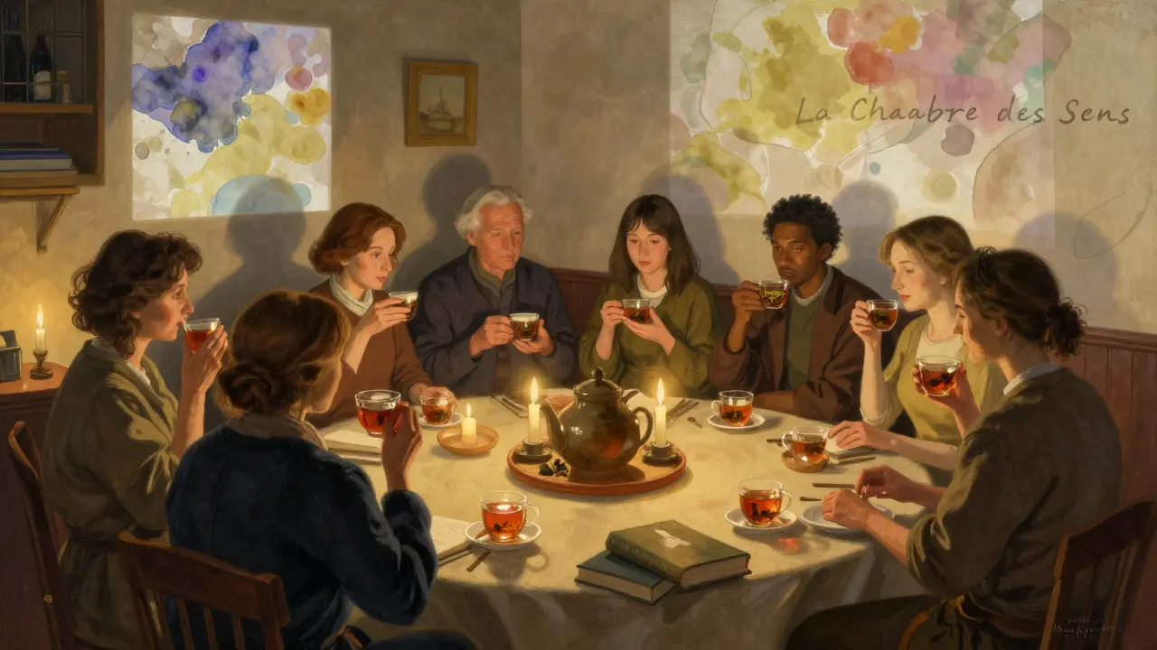 A calm, candlelit gathering of adults in a Montmartre salon, sharing tea and quiet conversation.