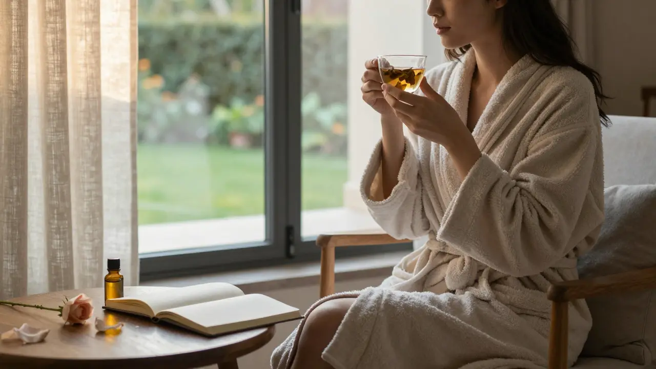 A client relaxes in a robe, sipping tea after a sensual spa session, journal open beside a single rose petal.