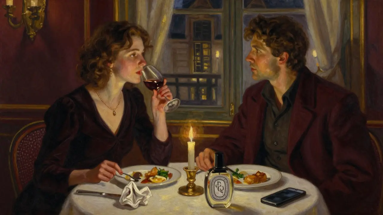 A couple at a candlelit Parisian dinner, emotionally distant, wine glass and cologne bottle on the table.