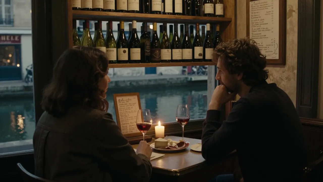 A couple enjoys natural wine and cheese at a hidden Parisian wine bar by a canal at dusk.