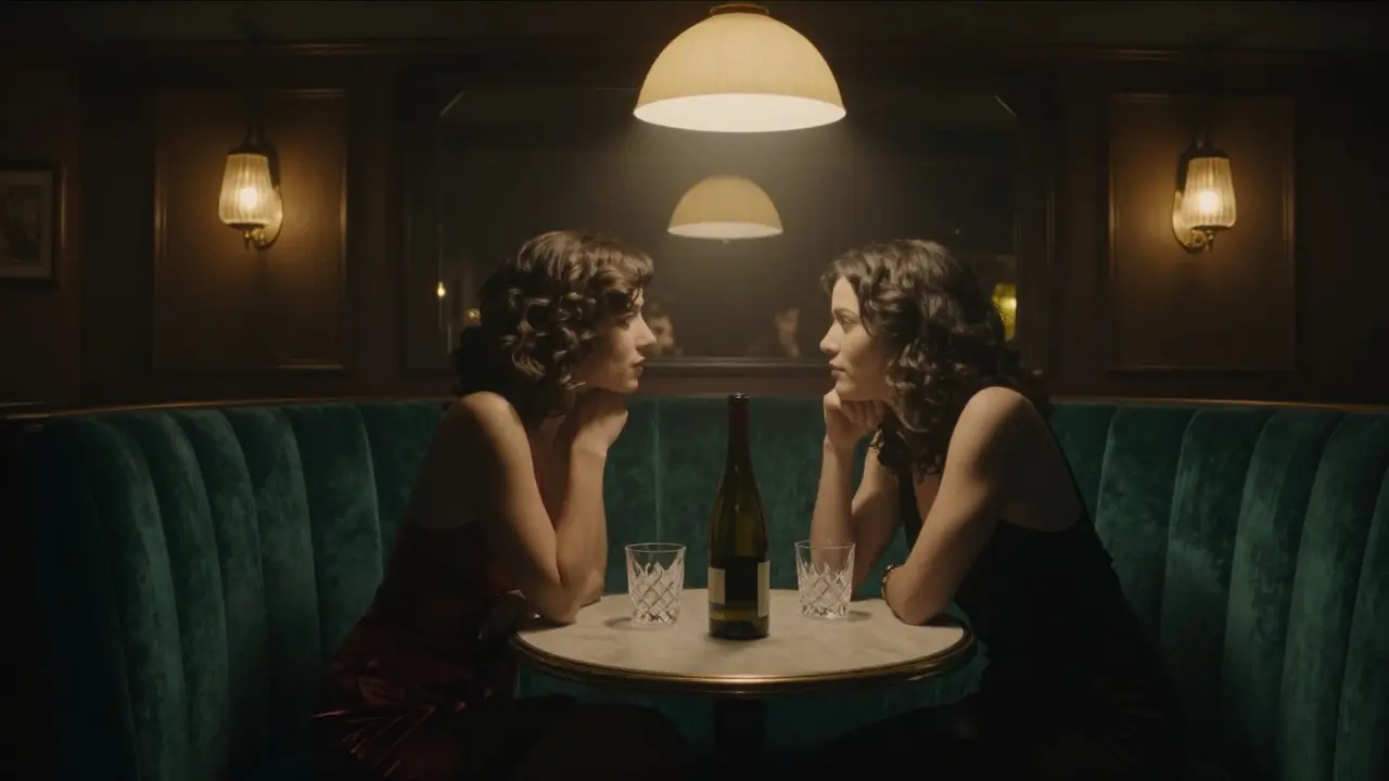 A couple in whispered conversation in a dim, velvet-lined Parisian speakeasy bar.