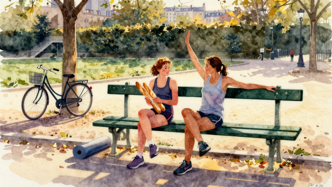A couple on a park bench after a run, sharing baguettes with La Promenade Plantée in the background.