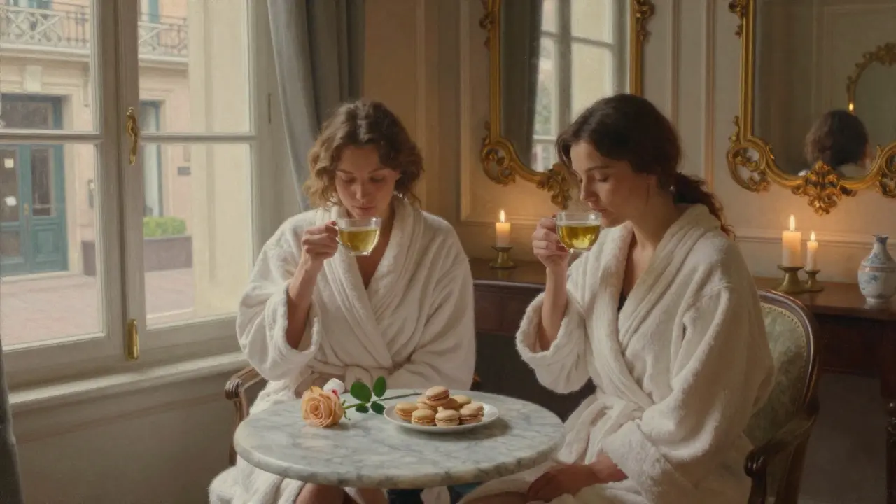A couple sits calmly after a massage, sipping tea with a rose and macarons on the table, candlelight reflecting in a quiet spa courtyard.
