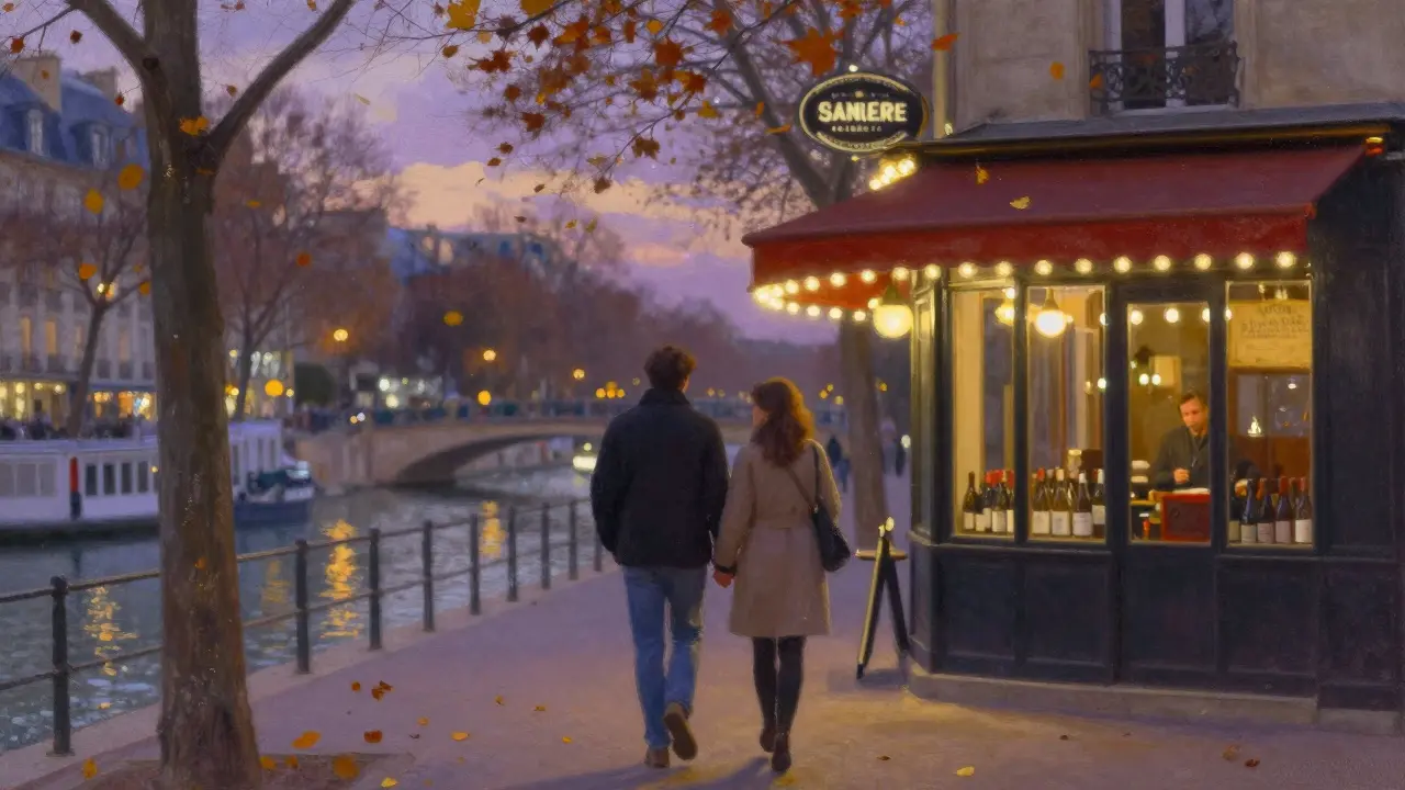 A couple walking along the Canal Saint-Martin at dusk, passing a cozy wine bar with warm lights.