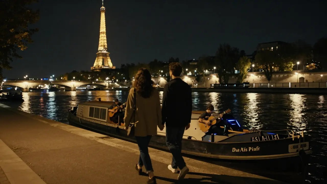A couple walking along the Seine at night, listening to a live acoustic performance on a boat.