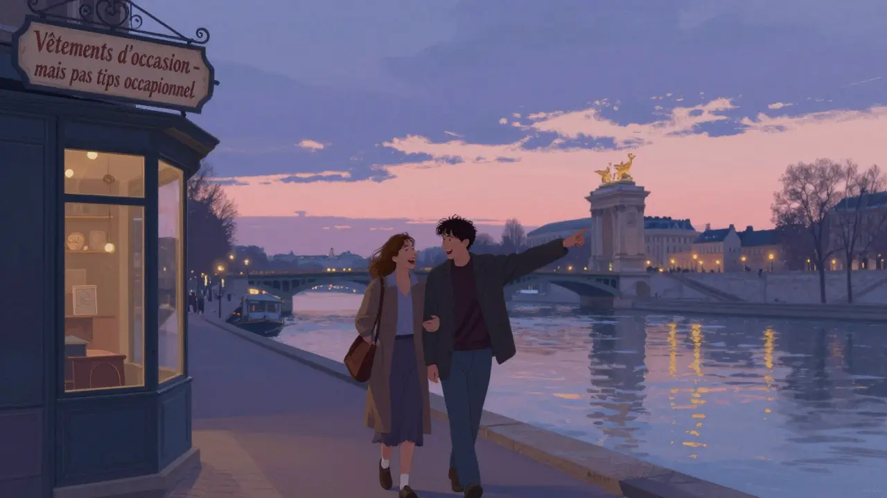 A couple walking by a vintage shop along the Seine at dusk, laughing softly under glowing streetlights.