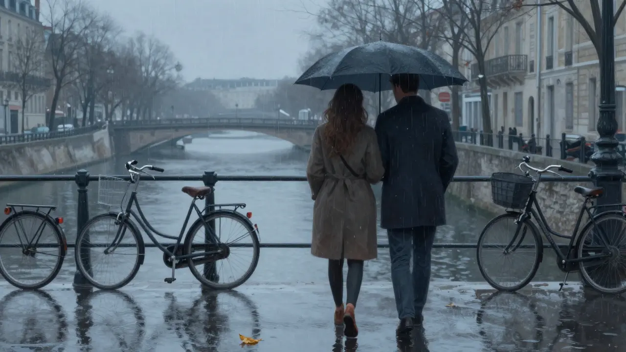 A couple walking under an umbrella along a rainy Parisian canal, reflections in water.