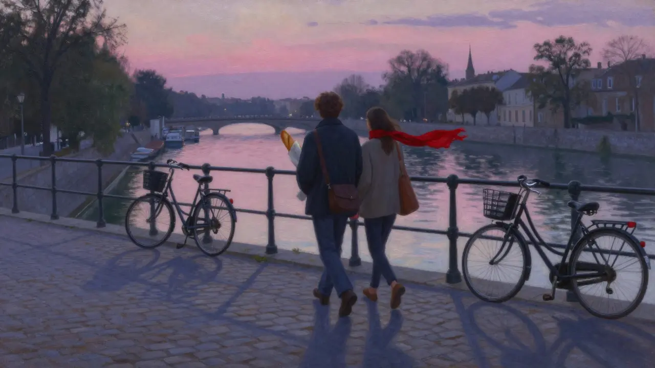 A couple walks along the Canal Saint-Martin at dusk, sharing bread and cheese, no phones, peaceful atmosphere.