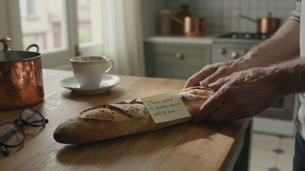 A fresh baguette on a kitchen table with a handwritten note expressing love for singing in the bathroom.