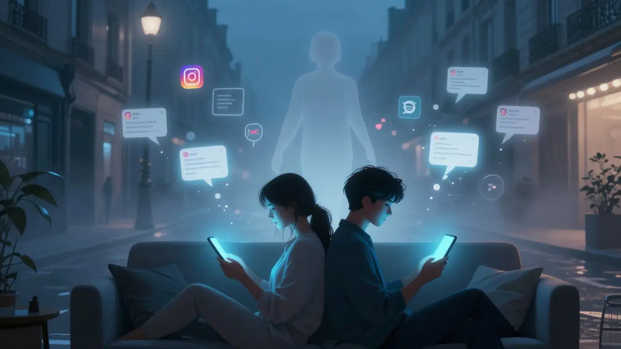 A ghostly figure surrounded by digital fragments of texts and apps, walking past a couple disconnected on a couch.
