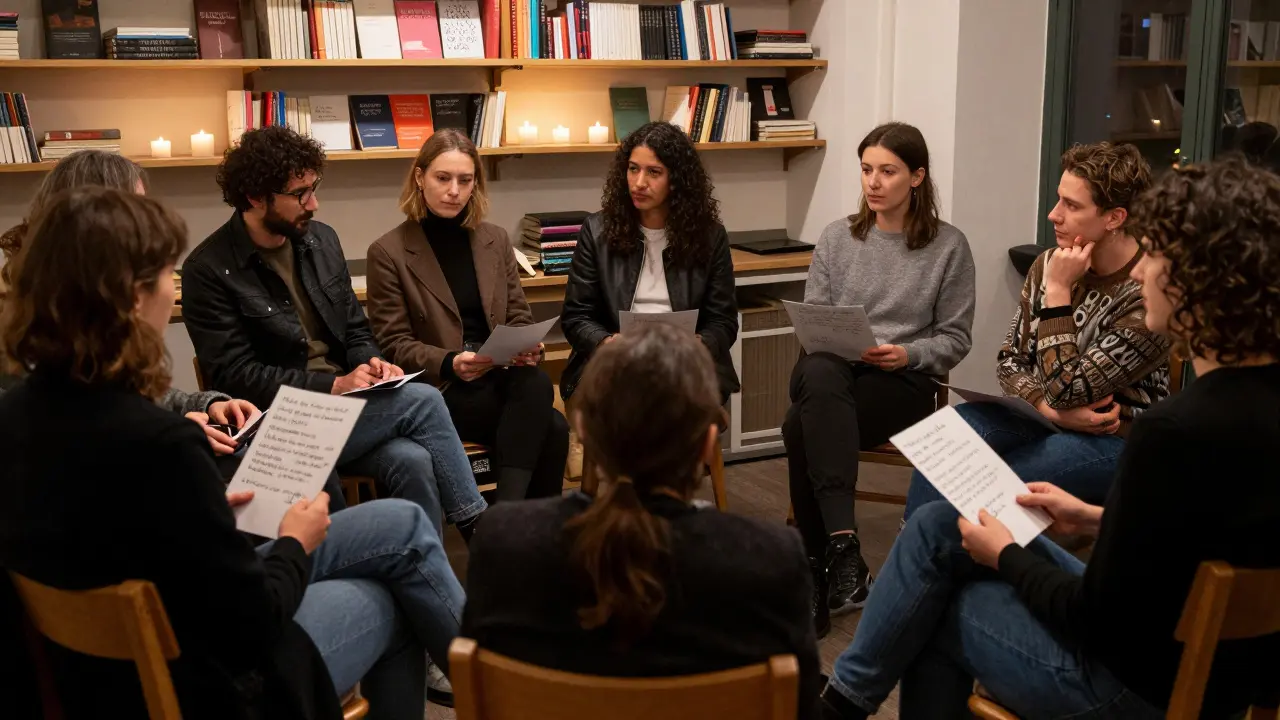 A group of Parisians sitting in a circle, sharing handwritten consent notes at a kink event.