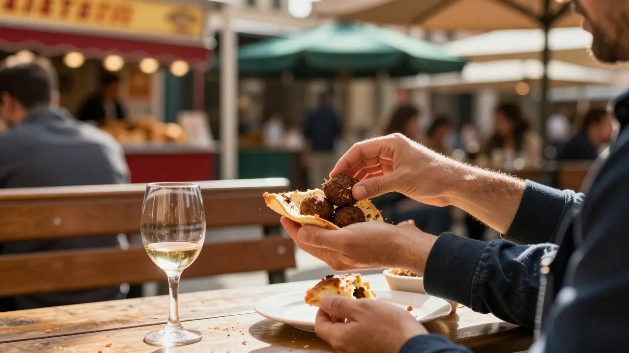 A hand brushing crumbs from a sleeve after sharing food at a Paris market.