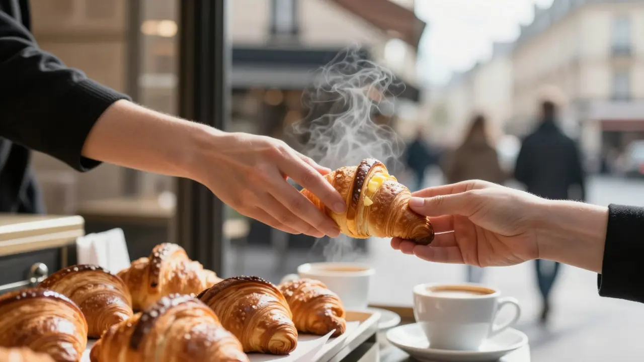 A hand reaching for a croissant as another brushes against it in a Parisian patisserie at morning light.