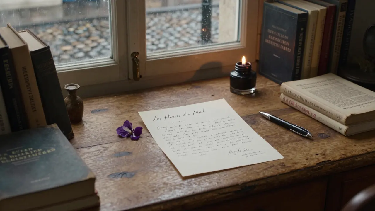 A handwritten letter and pressed violet beside Baudelaire's poetry on an old wooden desk.