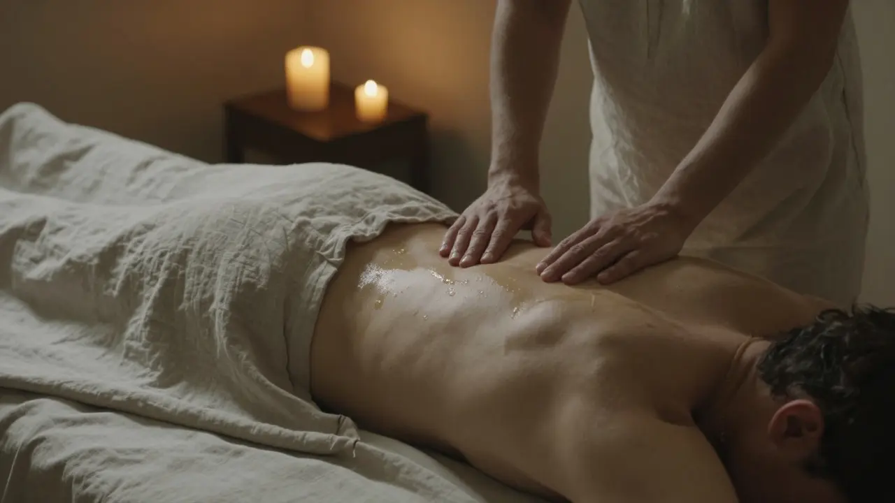 A person lying covered on a bed as another gently hovers hands above their spine, candlelight glowing nearby.