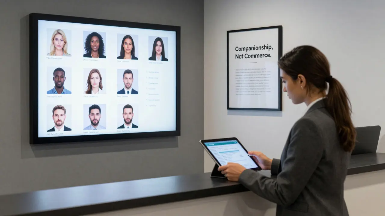 A professional escort agency office with digital profiles and a client booking on a tablet.