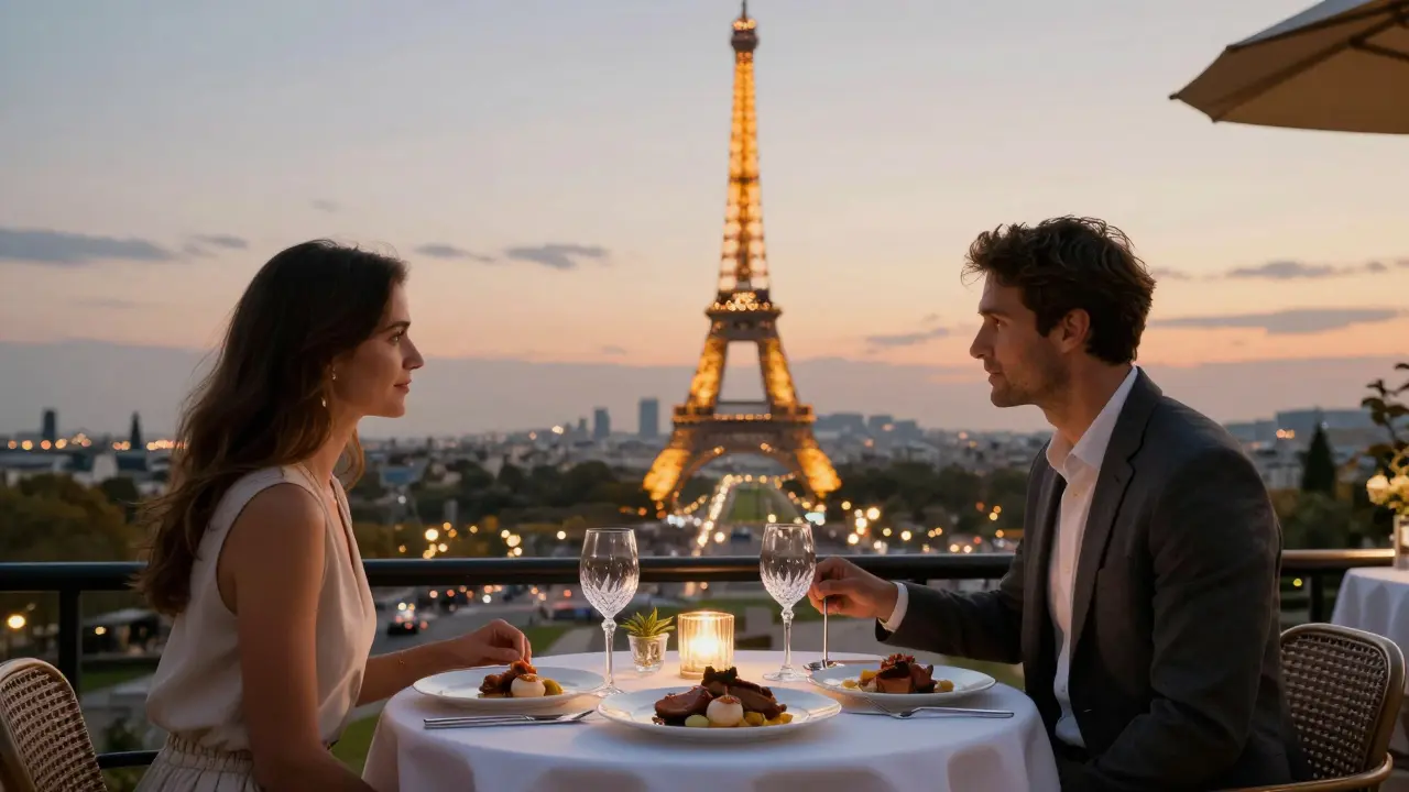 A romantic dinner on the Eiffel Tower terrace as the city sparkles below at sunset.